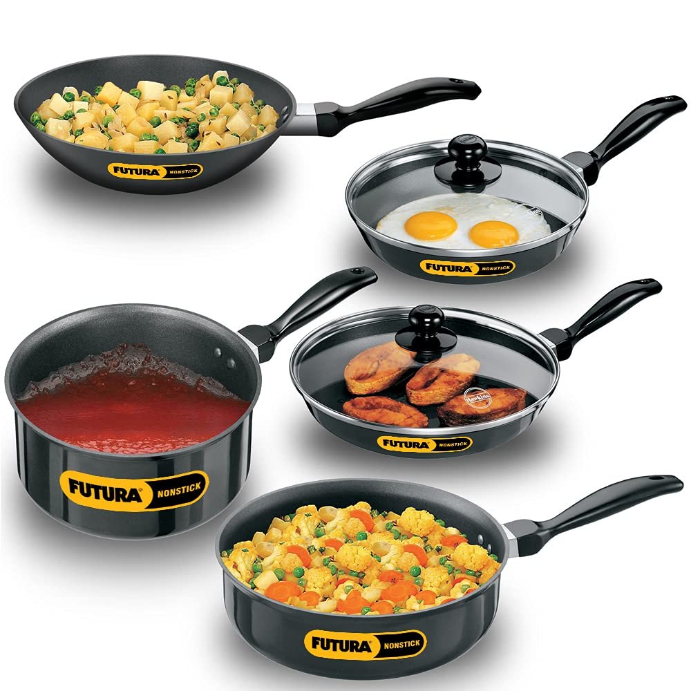 Hawkins Futura 5 Pieces Cookware Set 4 – Non Stick Kadhai, Two Frying Pans, Saucepan, Saute Pan and Two Glass Lids, Black (NSET4)