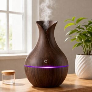 Aroma Diffuser with Wooden Finish, Ultrasonic Essential Oil Diffuser & Humidifier, LED Night Light, Quiet Air Freshener for Home Bedroom Office Spa (Dark)