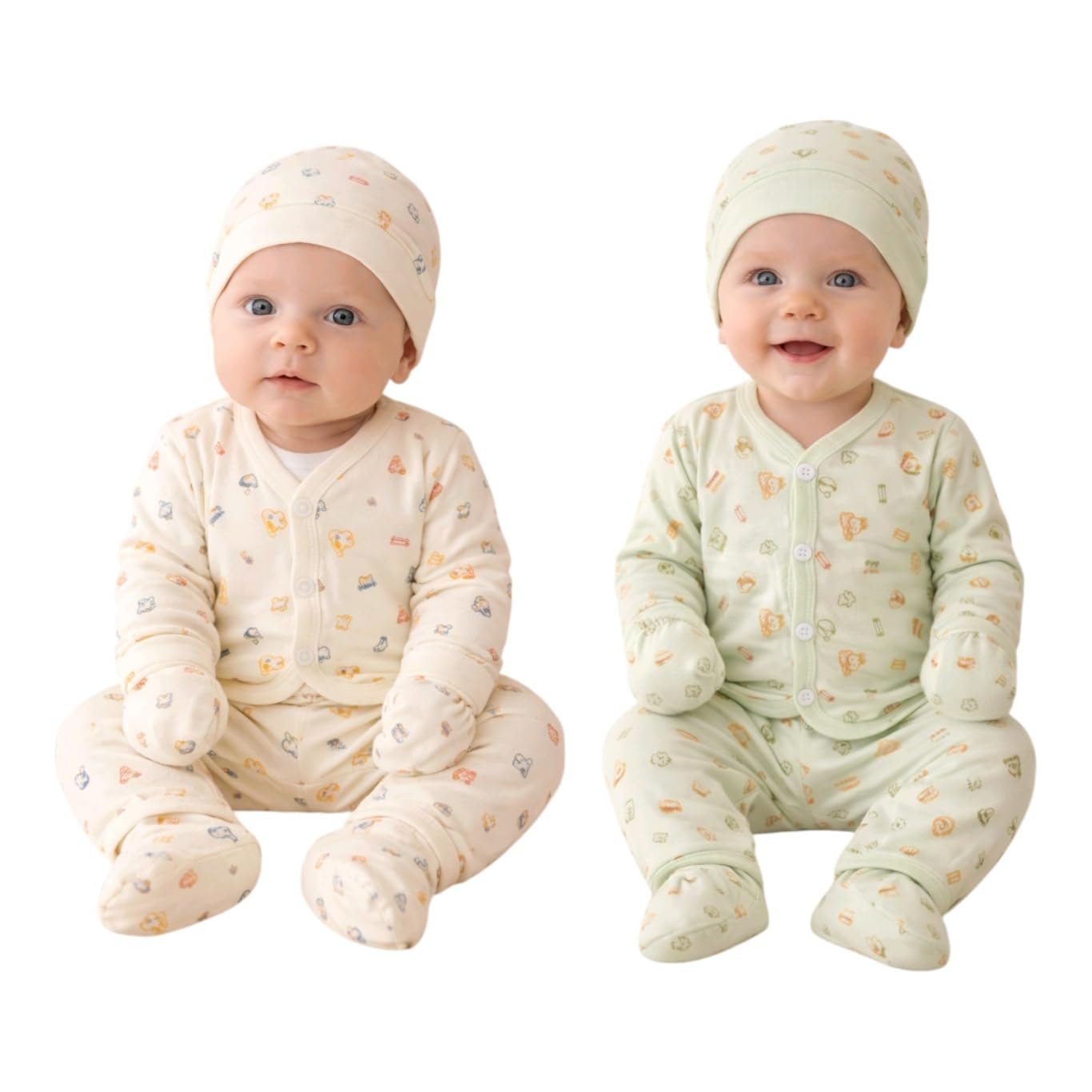 VELDORA Newborn Baby Clothing Set, 100% Organic Cotton, Unisex, Cap, Mittens, Booties, Top & Pants, 5 Piece Combo