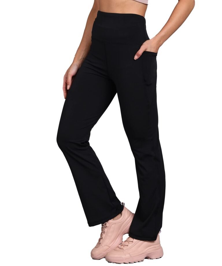 Rock Paper Scissors Premium Flare Gym Pants High Waist Stretchable Flared Leggings with Pockets Gym wear/Active Wear Tights Yoga Pants Womens Workout Tights Gym Tight Black