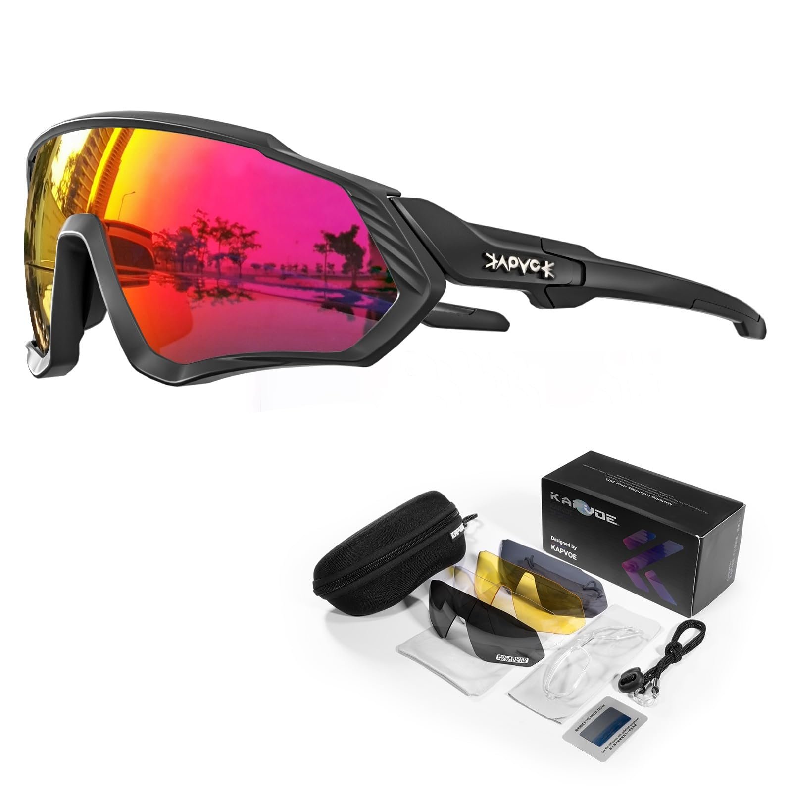 KAPVOE Cycling Glasses Men Women Polarized Sports Sunglasses With 1 Lens Or 5 Lenses MTB Mountain Bike Eyewear – K9408, 5 Lenses/Color 02, Standard