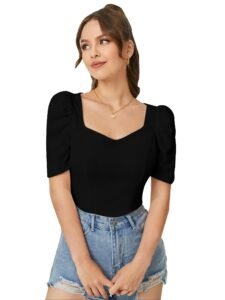 Dream Beauty Fashion Women’s Sweet Heart Neck Balloon/Puff Bishop Sleeve Elegant Casual Tee Top, 23″ inches (BZF-Top Mantos-01)