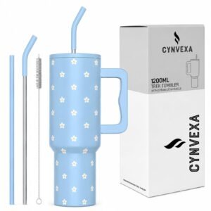 CYNVEXA Tumbler with lid and Straw 1200ML Cup Stainless Steel Vacuum Insulated Tumbler for Water, Iced Tea or Coffee 1.2L Office Gym Travelling (Flower Retro Mint)