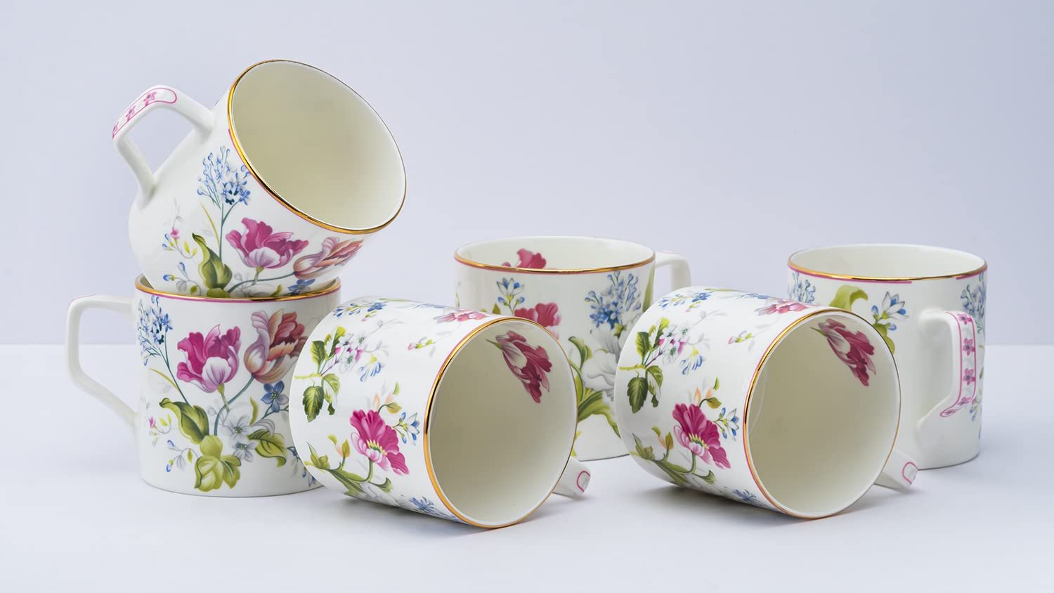 GOLDEN QUEEN’S Handcrafted Tea Cups – Set of 6 | Ideal for Everyday Tea and Coffee, Enhancing Your Daily Rituals – Garden Splendor, Bone China, 200 ML