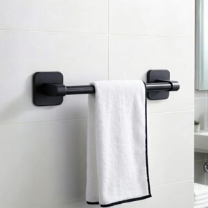 Amazon Basics Self Adhesive Towel Rod for Bathroom No Drill – 12 Inch Rust Resistant Aluminum Towel Holder, Strong Adhesive Wall Mounted Towel Hanger for Bathroom & Kitchen Pack of 1