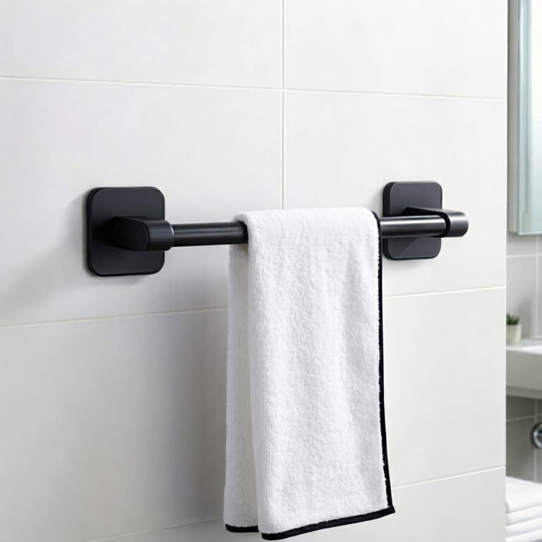 Amazon Basics Self Adhesive Towel Rod for Bathroom No Drill – 12 Inch Rust Resistant Aluminum Towel Holder, Strong Adhesive Wall Mounted Towel Hanger for Bathroom & Kitchen Pack of 1