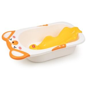 LuvLap Bubble Baby Bathtub (White & Orange) & Anti Slip Baby Plastic Bath Chair (Yellow) for 6 Month – 3 Years, Bathtub with Drain Plug, Baby Bath Seat/Sling with Non Slip Suction Base