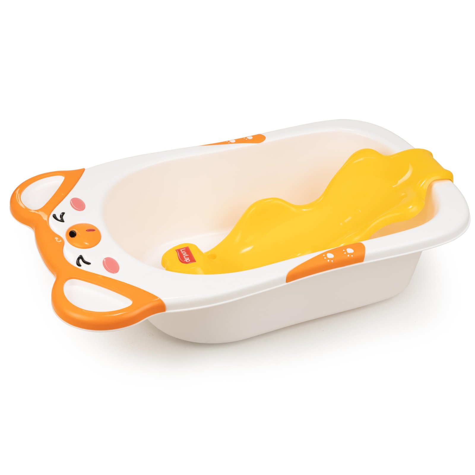 LuvLap Bubble Baby Bathtub (White & Orange) & Anti Slip Baby Plastic Bath Chair (Yellow) for 6 Month – 3 Years, Bathtub with Drain Plug, Baby Bath Seat/Sling with Non Slip Suction Base