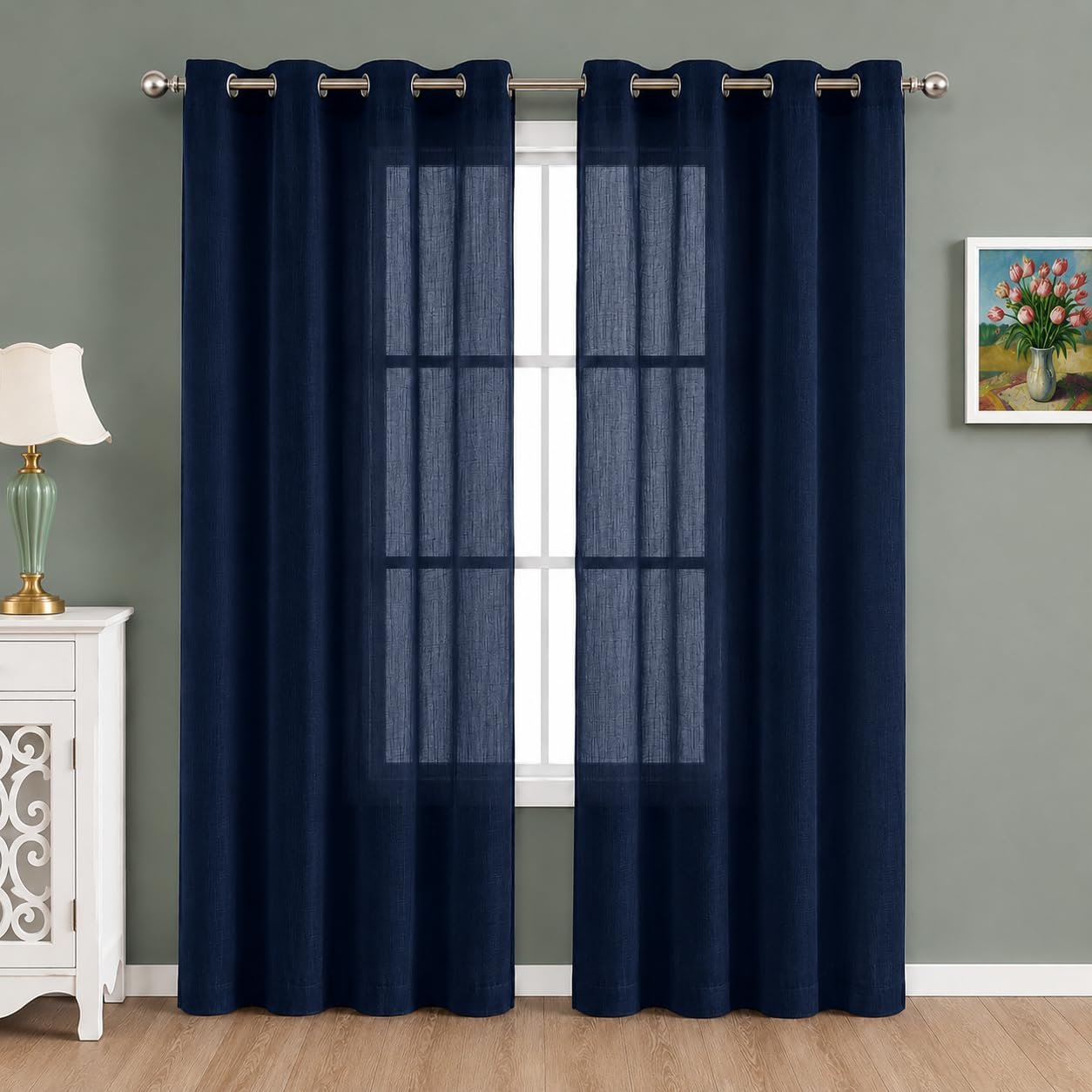 THE Linen Company Cotton Linen Sheer Door Curtain, Dark Blue, 7 Feet