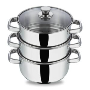Vinod Steamer for Kitchen 3-Tier Stainless Steel with Glass Lid – 20 cm