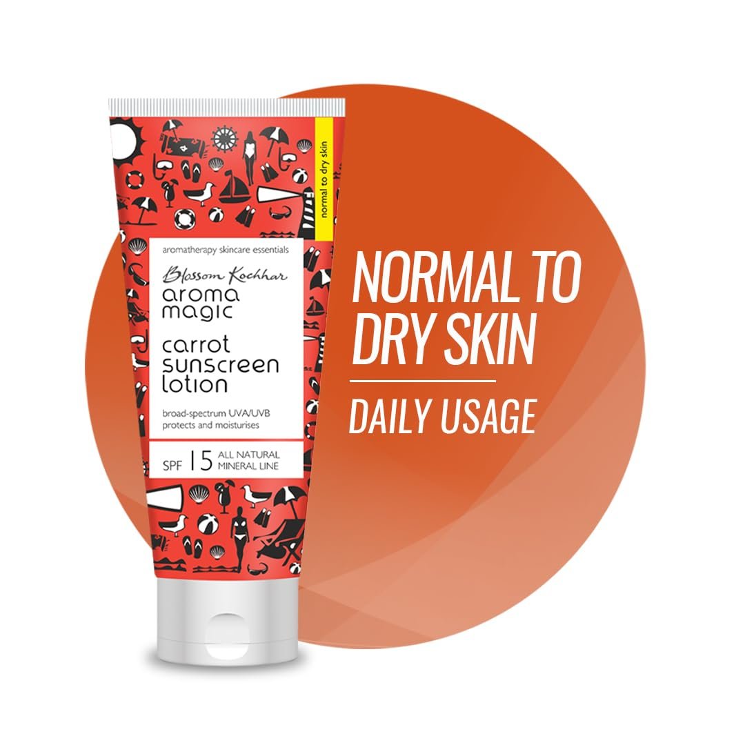 Aroma Magic Carrot Sunscreen Lotion ? 100ml | SPF 15 for Dry Skin | Non-Nano Zinc Oxide, Carrot seed & Rice Bran Oils | No Parabens or Alcohol | Deep Moisture + Sun Protection | 100ml | Pack of 1