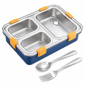 Misamo Enterprise Stainless Steel Lunch Box for Kids & Adults, 3 Compartment Lunch Box, Leak Resistant Food Grade Tiffin Box with Spoon & Fork, BPA Free (Blue)