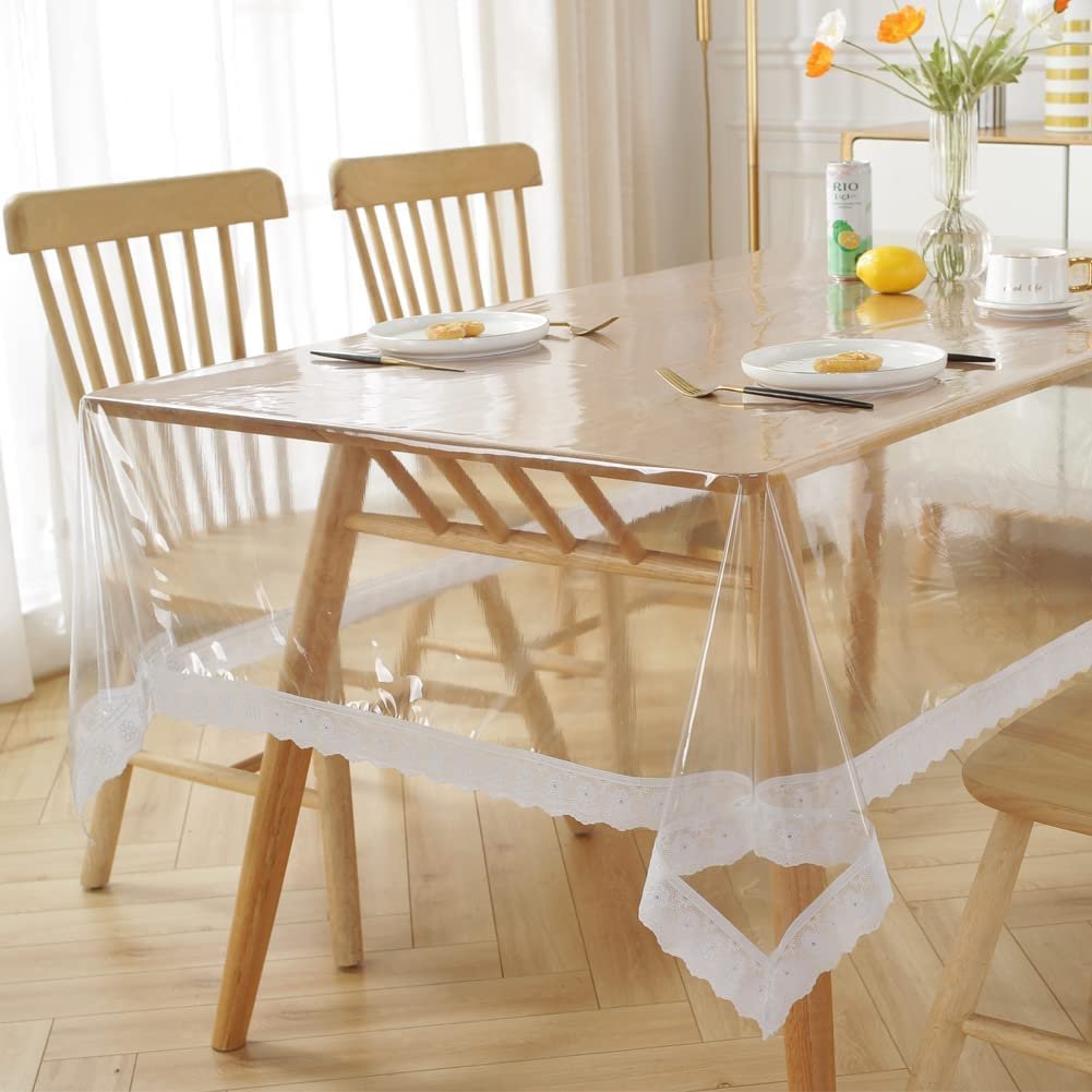 Homerz Premium High Thickness Transparent Table Cover with Lace, 15 mm Thick, Durable and Waterproof, 2 Years Guarantee (Silver Lace, 60×90 inch- 6-8 Seater)