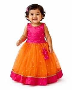Girls Designer Lehenga Choli Set Orange Rani Pink Readymade Pattu Pavadai Style Traditional Ethnic Dress for Baby Girls Kids Festive Wedding 3Months-8 Years