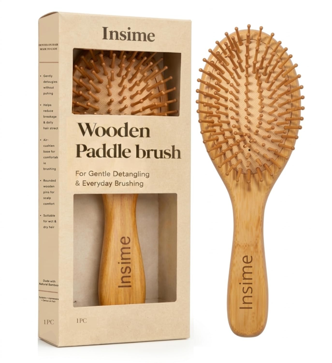 INSIME Wooden hair brush for Women & Men – Bamboo wooden Paddle hair brush for men women Curly hair – Bamboo Wooden brush for hair growth with flat paddle brush comb