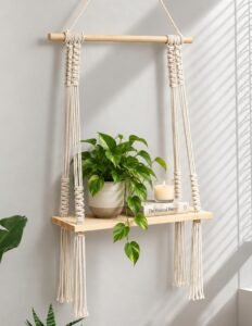 Decazone ® Macramé Wall Hanging Shelf Pine Wood Floating Shelve with Wooden Dowel Modern Chic Woven Décor for Dorm Living Room Nursery Beige Colour 55 x 43cm