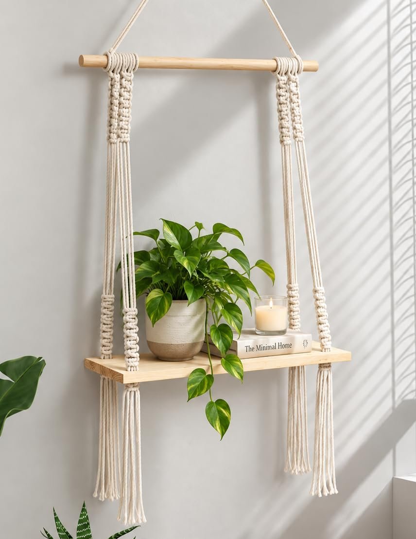 Decazone ® Macramé Wall Hanging Shelf Pine Wood Floating Shelve with Wooden Dowel Modern Chic Woven Décor for Dorm Living Room Nursery Beige Colour 55 x 43cm