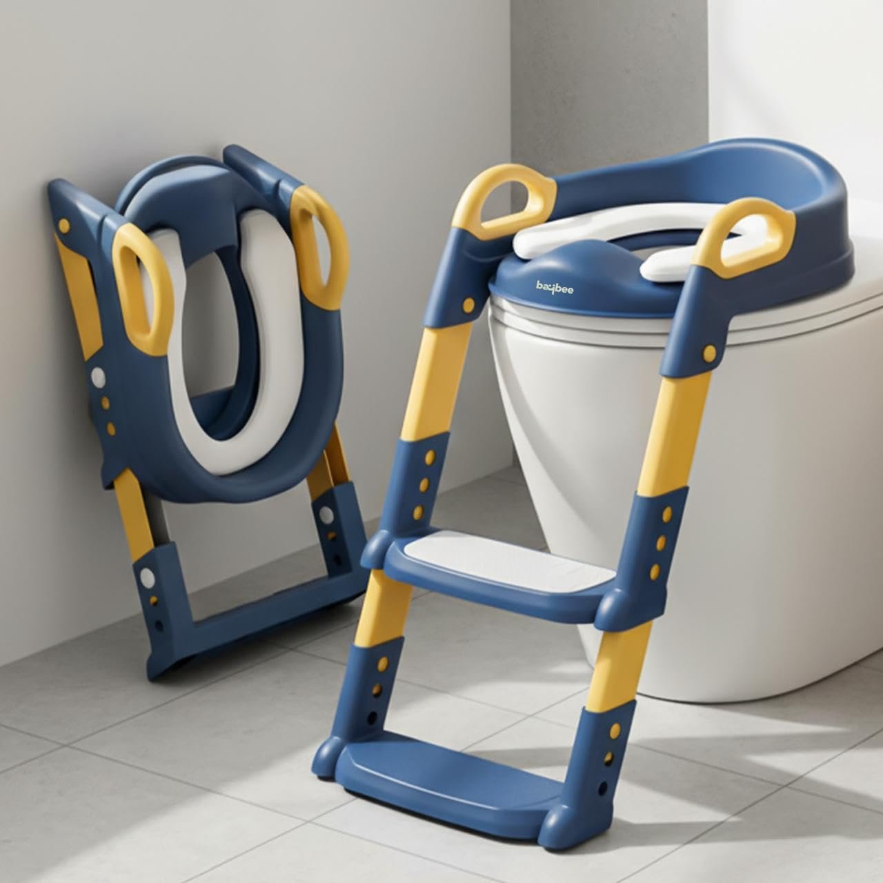 Baybee 3 IN 1 Aura Western Potty Seat for Kids | Foldable Baby Potty Training Seat Chair with Adjustable Height, Grip Handle & Cushion Seat | Ladder Toilet Seat for 1 to 8 Years Boys Girls (Yellow)