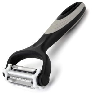 Bagonias 3-in-1 Multi-Functional Peeler – Stainless Steel Straight, Serrated, and Julienne Blades for Potatoes, Carrots, Vegetables, Fruits, and Salads (Black/Gray, Pack of 1)