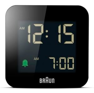 Braun Plastic Digital Travel Alarm Clock with Snooze, Compact Size, Negative LCD Display, Quick Set, Crescendo Beep Alarm in Black, Model BC08B (1-Pack)