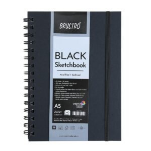 Brustro Black Sketchbook | A5, 200GSM | 40 Sheets/80 Pages | Wiro Bound, Spiral, Premium, Acid-Free Paper, Professional-Grade, Ideal for Dry Media, Mandala Art, Graphite, Charcoal, School, Office use