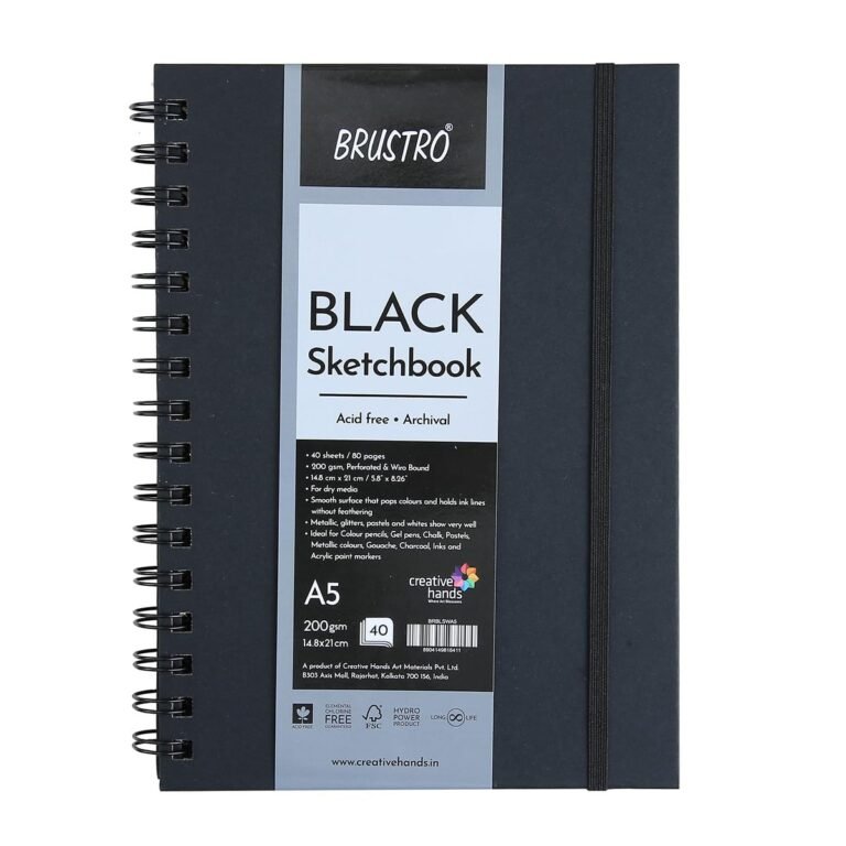 Brustro Black Sketchbook | A5, 200GSM | 40 Sheets/80 Pages | Wiro Bound, Spiral, Premium, Acid-Free Paper, Professional-Grade, Ideal for Dry Media, Mandala Art, Graphite, Charcoal, School, Office use