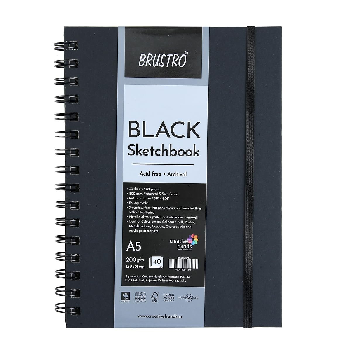 Brustro Black Sketchbook | A5, 200GSM | 40 Sheets/80 Pages | Wiro Bound, Spiral, Premium, Acid-Free Paper, Professional-Grade, Ideal for Dry Media, Mandala Art, Graphite, Charcoal, School, Office use