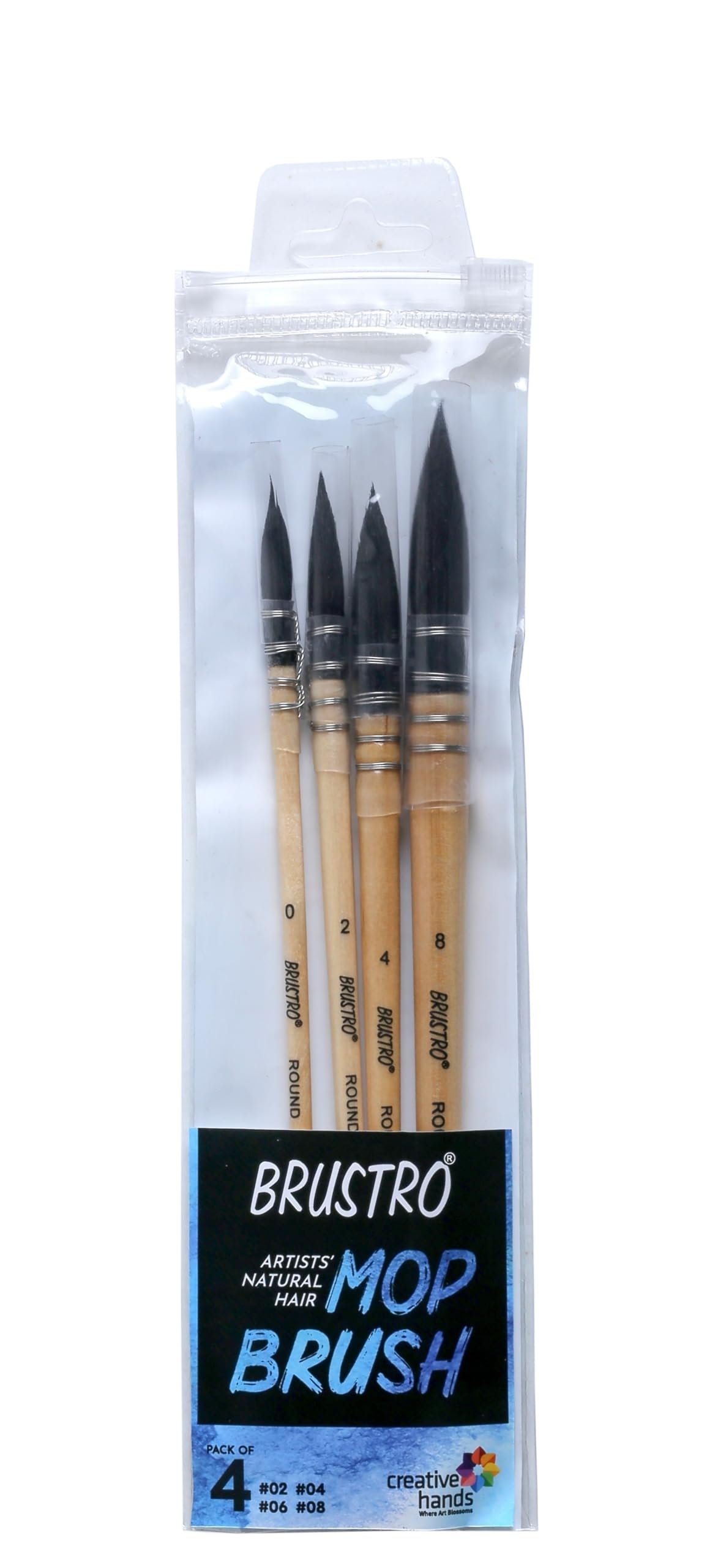 BRUSTRO Artist’s Natural Hair MOP Brush | Set of 4 – (0, 2, 4, 8) | Ideal for Watercolor, Blend, Round Paint Brush, Art Painting, Colour, Gouache, Wooden Handle, Professional and Students