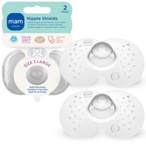 MAM Breastfeeding Nipple Shields with Sterilizing Storage Case, Nipple Shields for Nursing Newborn, Size 2 Regular 23mm, 2-Count, Clear
