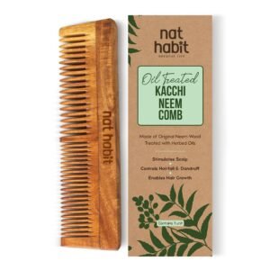 Nat Habit Kacchi Neem Wooden Comb, Soaked In 17 Herbs Neem & Sesame Oil For Multi-Actions – Detangling, Frizz Control & Shine,Suited For All Hair Types (Dual Tooth)