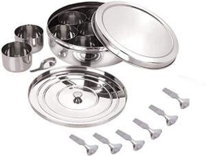 neelam Stainless Steel Spice Box, Masala Dabba with airtight Steel Lid, 7 Containers with 1 Spoon & 1 Steel Plate, Organize Spices, Durable & Elegant Kitchen Storage for Home Cooking, Silver, 2175 ml