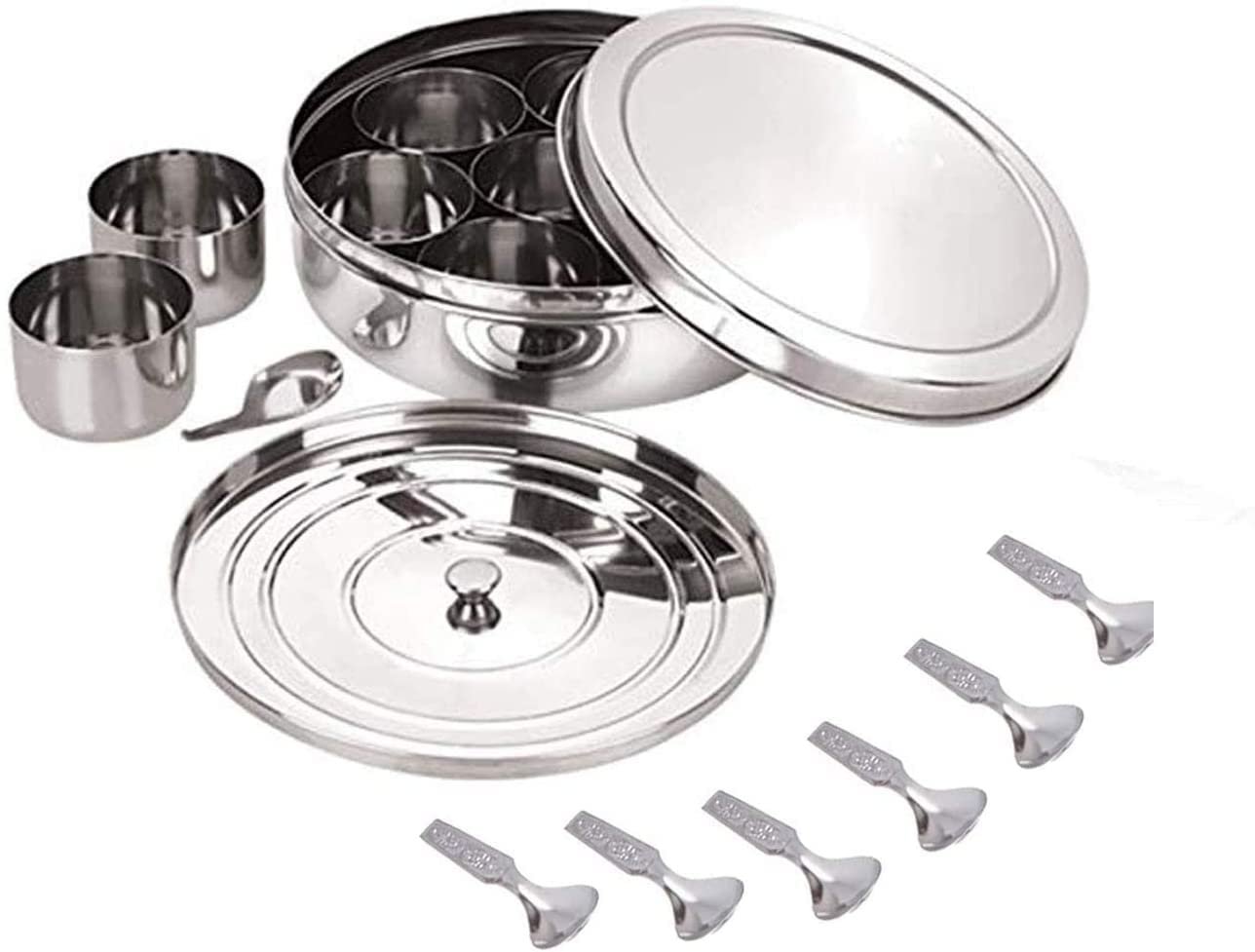 neelam Stainless Steel Spice Box, Masala Dabba with airtight Steel Lid, 7 Containers with 1 Spoon & 1 Steel Plate, Organize Spices, Durable & Elegant Kitchen Storage for Home Cooking, Silver, 2175 ml