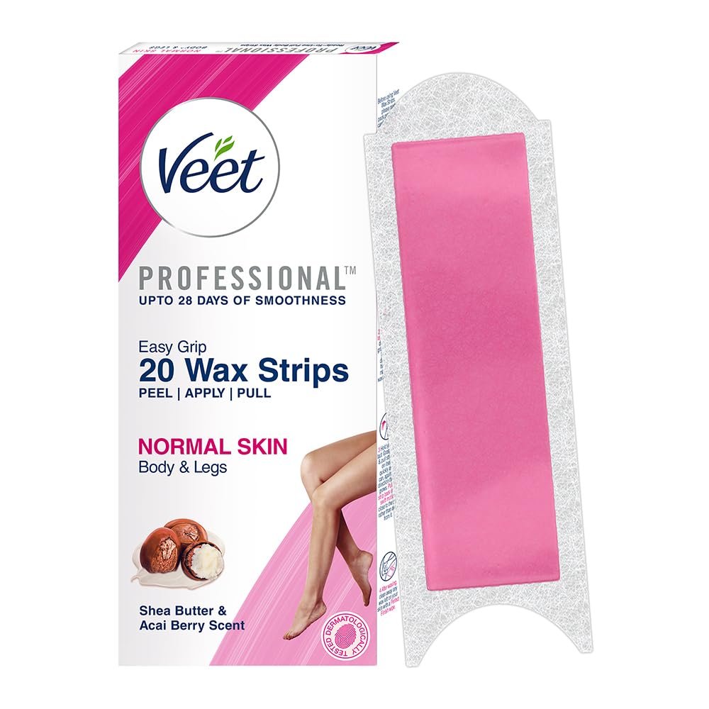Veet Full Body Waxing Strips Kit for Normal Skin | 20 Pre-Coated Wax Strips & 4 Perfect Finishing Wipes | Up to 28 Days of Salon Like Smoothness | Arms, Underarms, Legs & Bikini Area