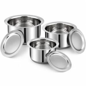 Vinod Stainless Steel Tope Set with Lid, 3 Pieces, 1L 1.4L 1.8L, Heavy Sandwich Bottom, Induction & Gas Compatible, Dishwasher Safe Stackable Patila Cookware Set for Everyday Boiling and Cooking Needs
