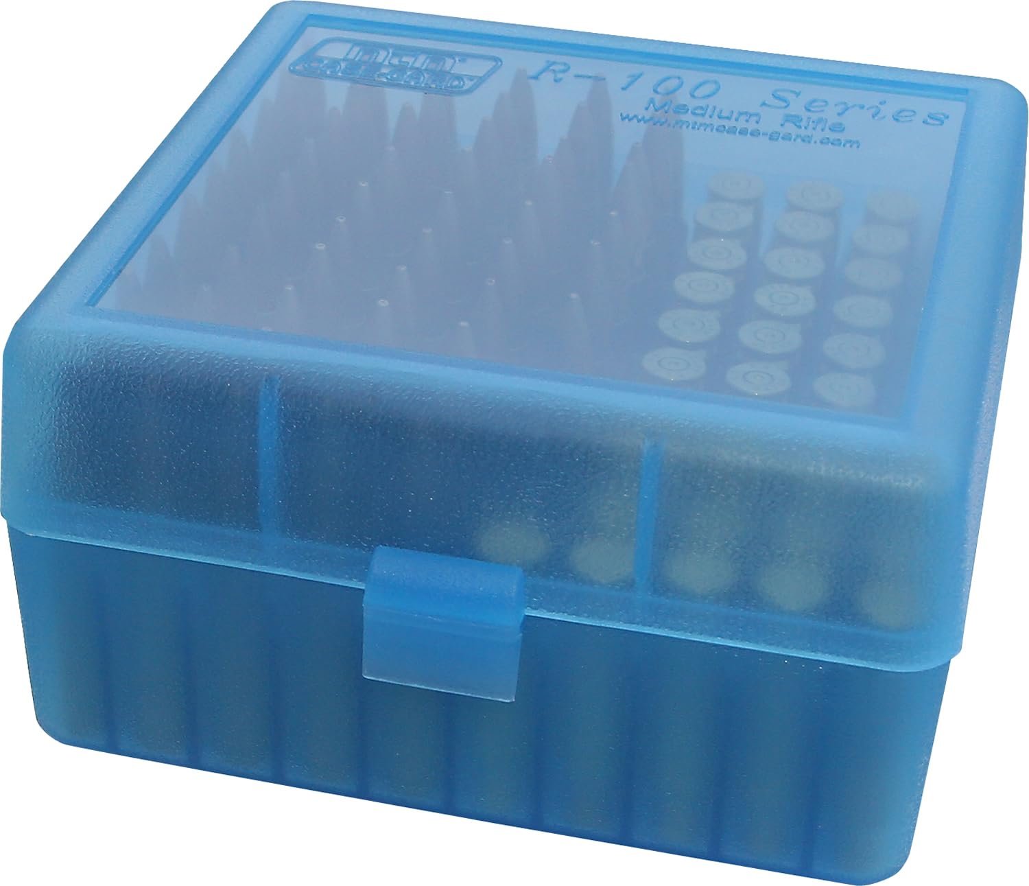 MTM 100 Round Flip-Top Rifle Ammo Box 22-25, 308 W, 243 (Clear Blue)