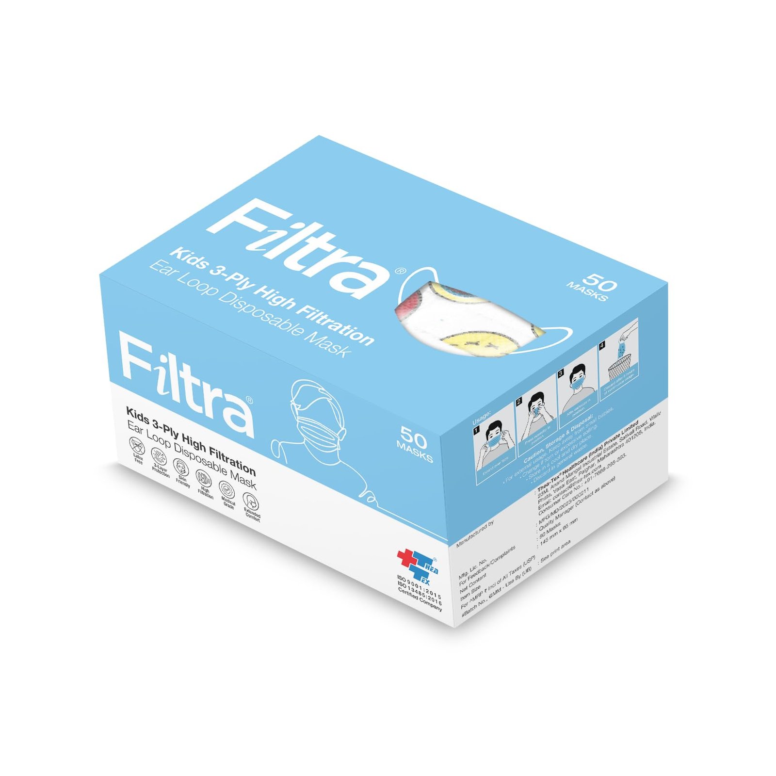 Filtra® 3-Ply Ear Loop Kids Mask | Ages 3-18 | Kids Mask | Children’s Mask | Ladies Mask | High Filtration | New extra tough courier packing | Box of 50 Masks