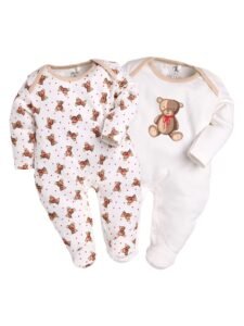 BABYGO Baby Boys & Baby Girls Cotton Full Sleeve Sleepsuit Pack of 2 | Newborn Infant Romper Jumpsuit with Snap Buttons | Soft Breathable Onesie Set | Cute Bear Print & Striped Design
