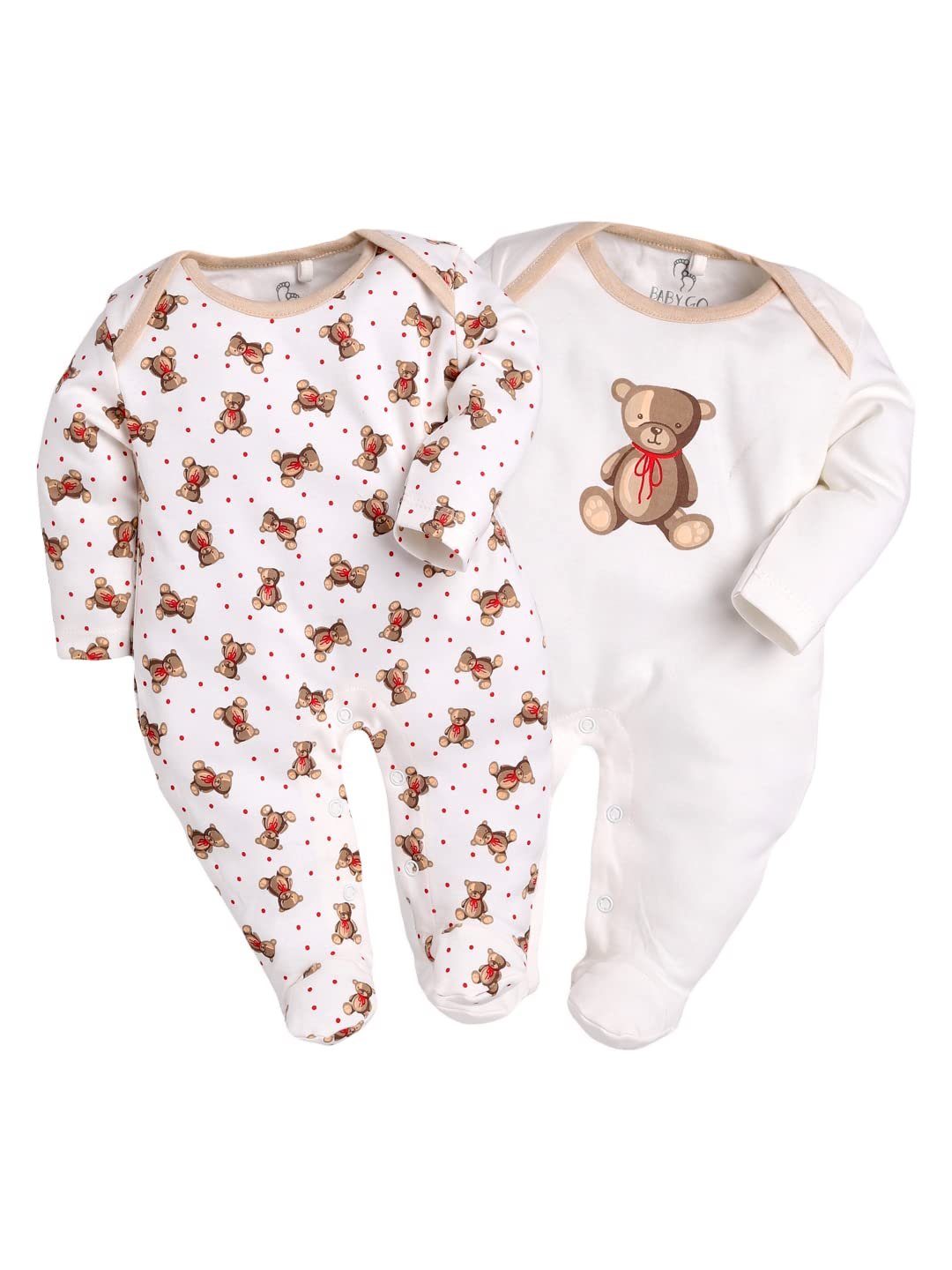 BABYGO Baby Boys & Baby Girls Cotton Full Sleeve Sleepsuit Pack of 2 | Newborn Infant Romper Jumpsuit with Snap Buttons | Soft Breathable Onesie Set | Cute Bear Print & Striped Design