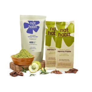 Nat Habit Ready-to-Apply Henna Paste and Organic Indigo Powder Combo – Natural Hair Color Combo for Black Hair, Henna & Indigo Leaf Powder for Rich Dark Brown and Fast Post-Henna Coloring, (Henna: Pack of 2 x 220g, Indigo: Pack of 1 x 85g)