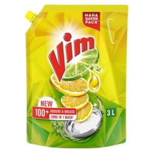 Vim Dishwash Liquid 3 L pouch | Removes 100+ Odours & Grease in 1 wash | With the power of 100 Lemons