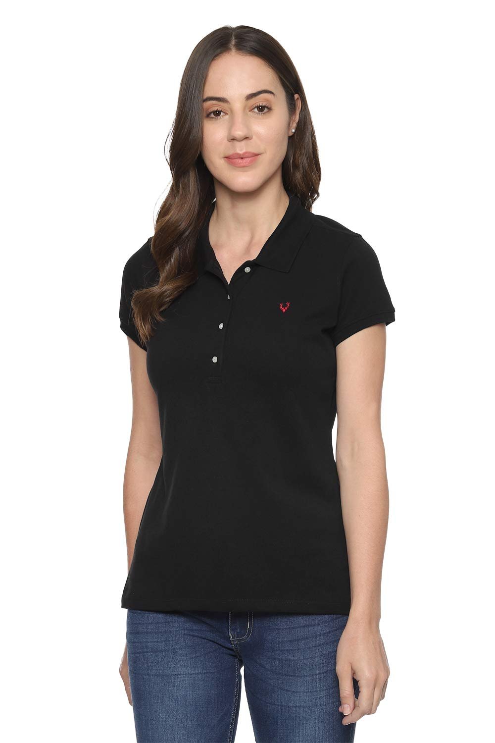 Allen Solly Women’s Polo Neck Synthetic T-Shirt | Soft Touch Fabric | Regular Fit | Solid Casual Tee