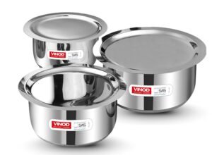 Vinod Stainless Steel Tope Set with Lid – 3 Pcs | 1.4, 1.8, & 2.2 litres | Patila Cookware Set Combo, Even Heat, Heavy Sandwich Bottom, Induction Compatible for Boiling and Cooking – 2 Year Warranty
