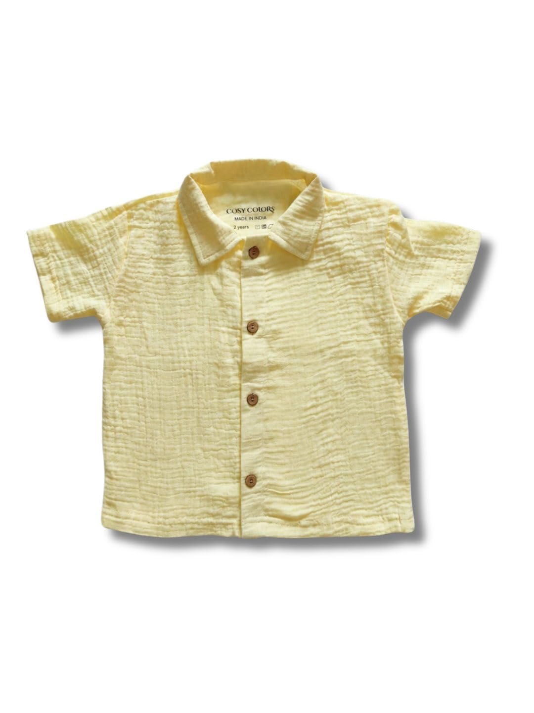 100% Cotton Double Gauze Muslin Shirt for Kids | Half Sleeve Collared Button-Down Shirt | Lightweight Breathable Summer Wear for Boys & Girls | Soft Crinkle Fabric | 6-12months Zesty Lemon