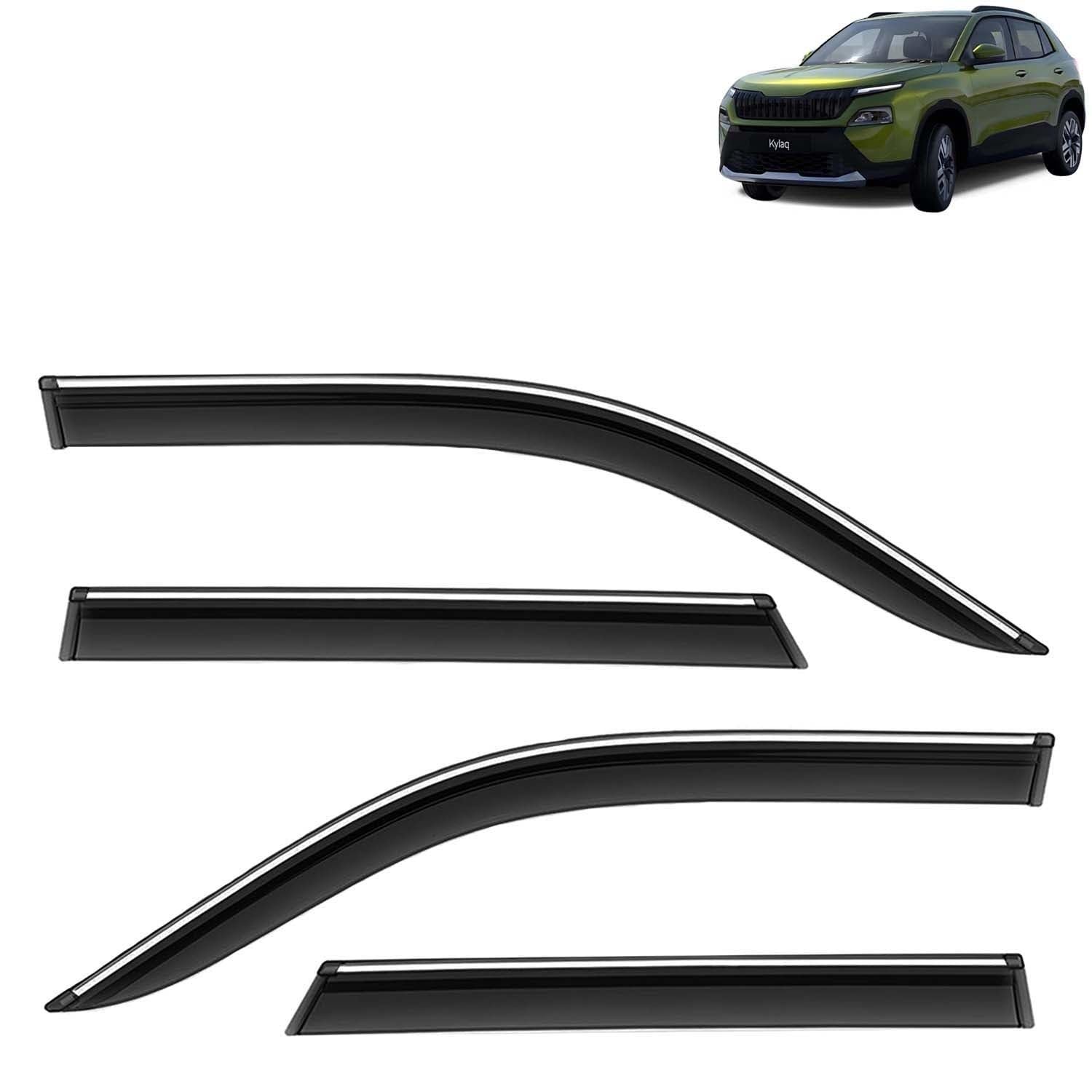 KINGSWAY Accessories Chrome Lining Door Visor Only Compatible with Skoda Kylaq (Year 2024 Onwards) All Model, Premium Chromeline Unbreakable Car Rain Guard Side Rear Wind Deflectors, Set of 4 Pcs