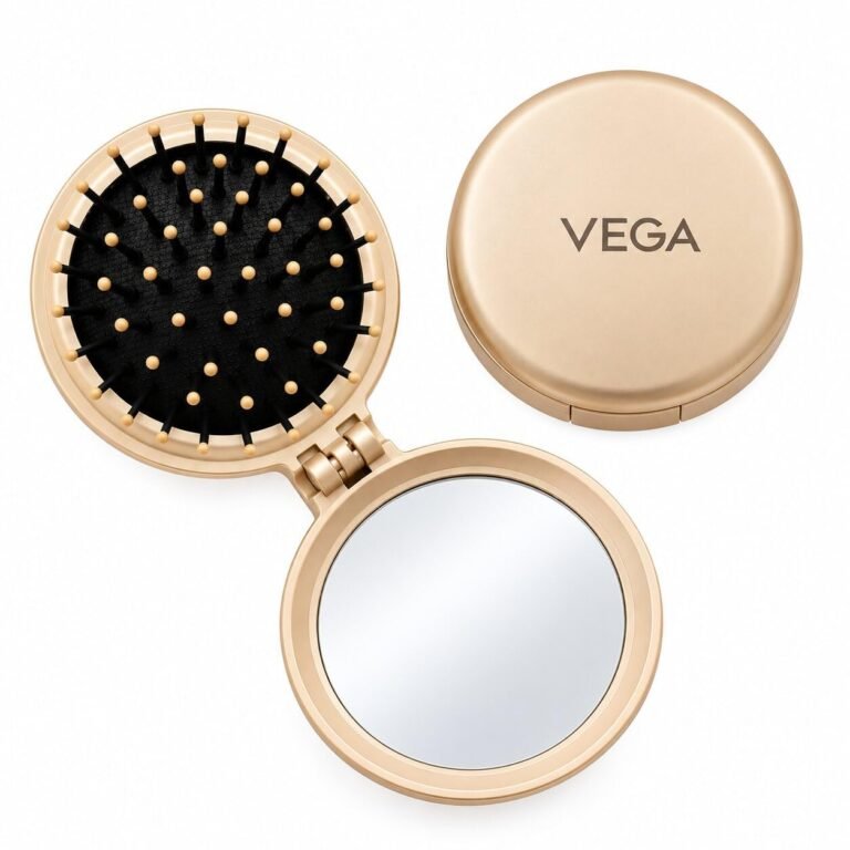 Vega Compact Folding Hair Brush, Mini Travel Pocket Tool for Women, Pop-Up Design for Wet & Dry Use, Small Flip Styling Accessory for On-the-Go Grooming (India’s No.1 Hair Brush Brand, R2-FM)