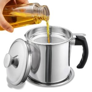 Evelots Stainless Steel Filter Pot with Fine Mesh Strainer, Reusable Cooking Oil Storage Container with Lid and Handle, Kitchen Strainer Pot for Filtering and Reusing Frying (Style A)
