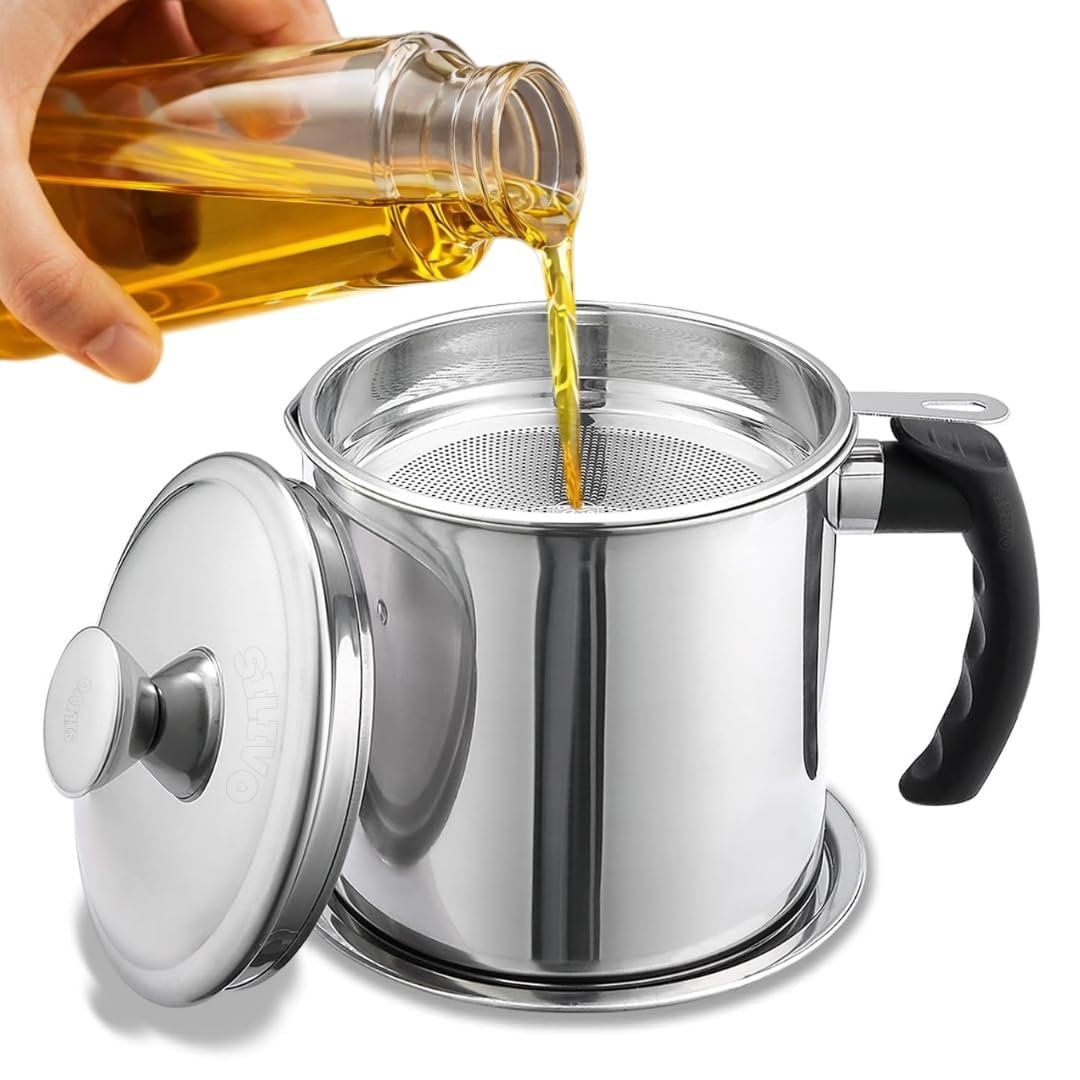 Evelots Stainless Steel Filter Pot with Fine Mesh Strainer, Reusable Cooking Oil Storage Container with Lid and Handle, Kitchen Strainer Pot for Filtering and Reusing Frying (Style A)