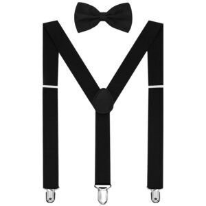 HABI Solid Color Mens Suspender Bow Tie Set Clip On Y Shape Adjustable Braces (Black)