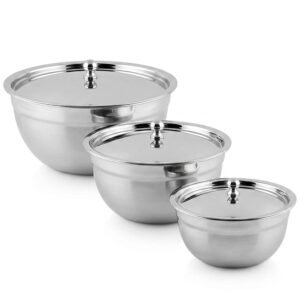 Shri & Sam Steel Serving Bowls with Lids Set | Tezon 3-Piece Stainless Steel Bowl with Lid Silver Multipurpose Food Serving & Storage Bowls for Kitchen & Dining
