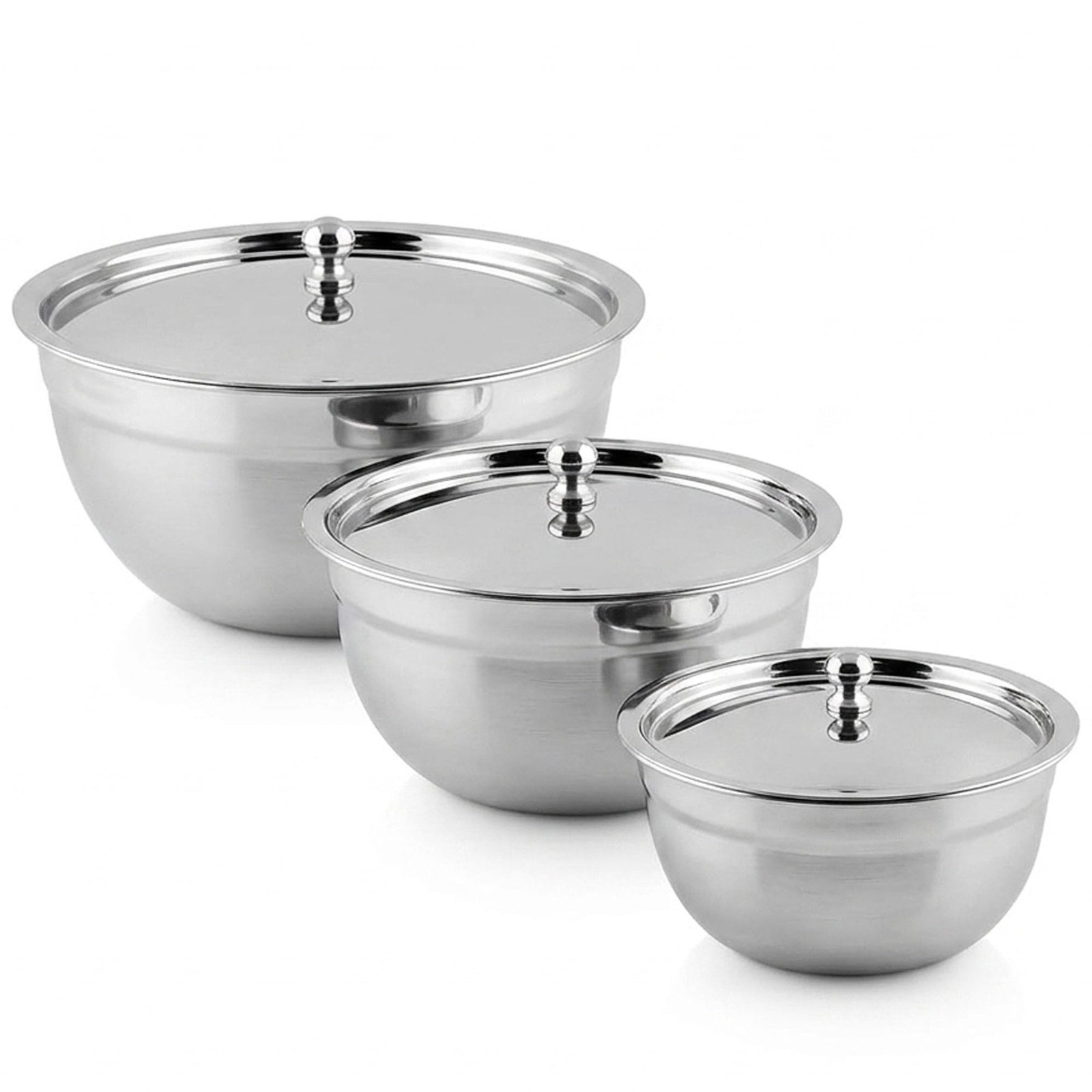 Shri & Sam Steel Serving Bowls with Lids Set | Tezon 3-Piece Stainless Steel Bowl with Lid Silver Multipurpose Food Serving & Storage Bowls for Kitchen & Dining